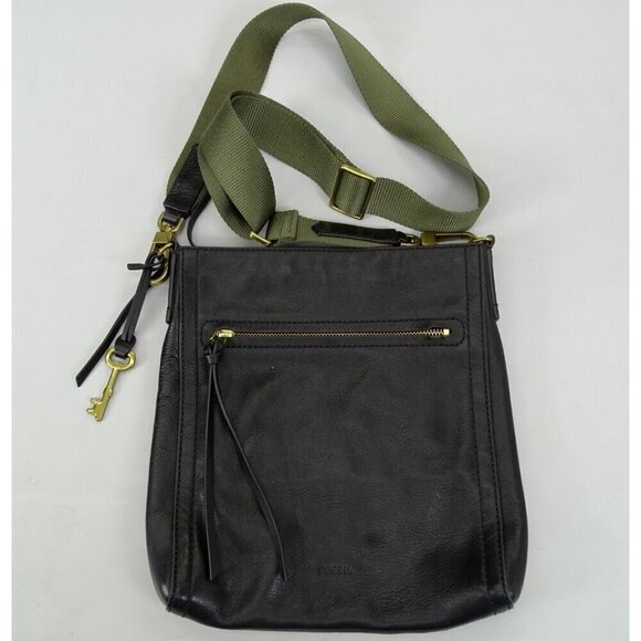 Vintage Fossil Purse Cross-Body Style Bag Black‎ Leather Army Green Strap - Picture 1 of 6